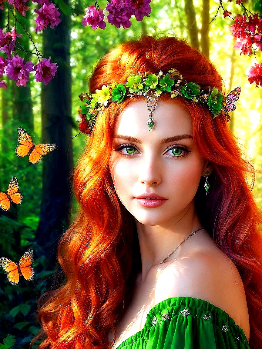 Young woman in green dress with red hair in forest