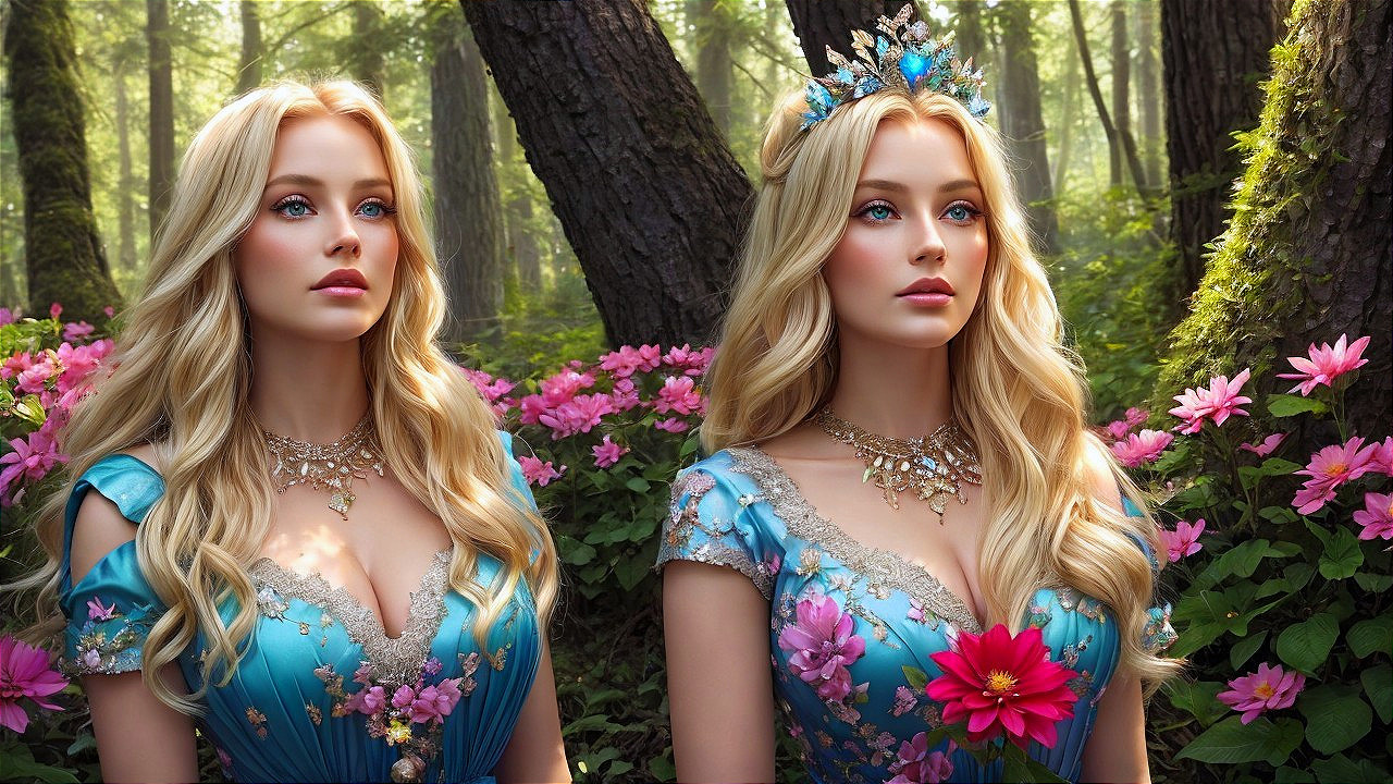 Enchanting Women in Elegant Gowns in Sunlit Forest
