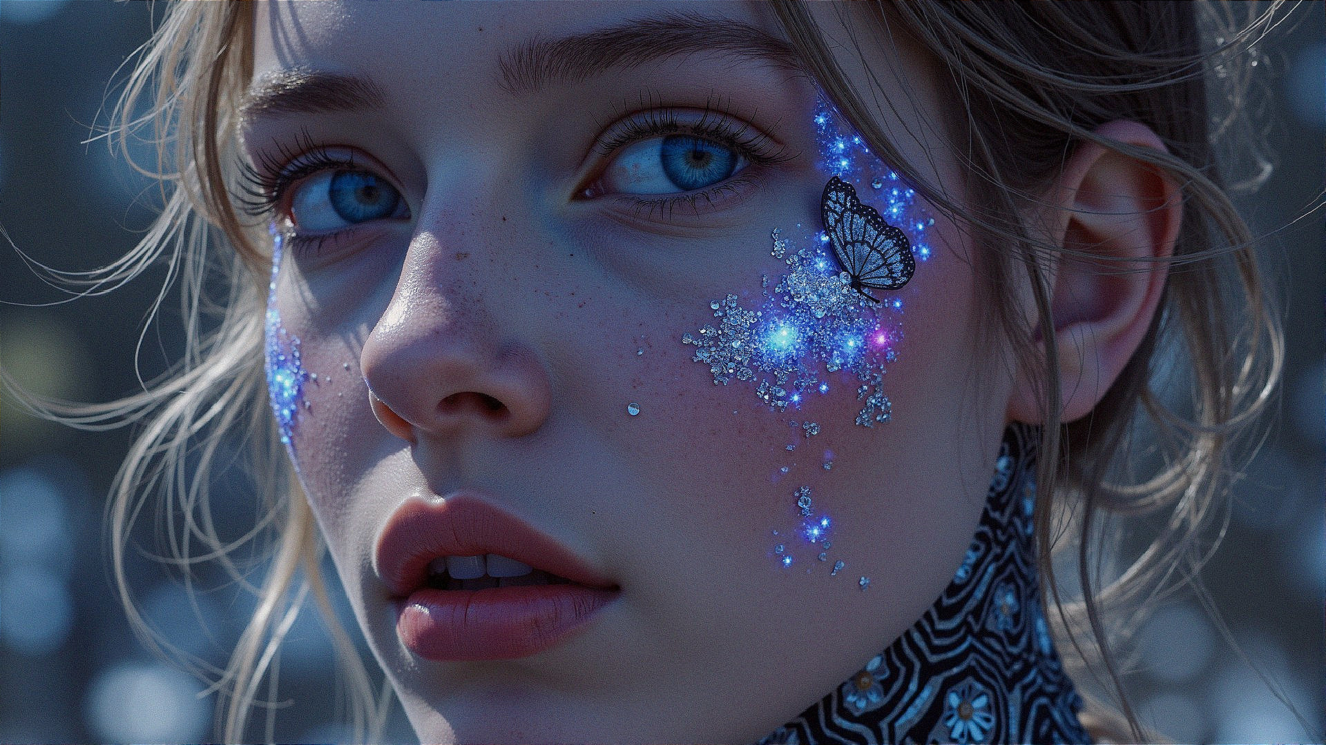 Close-up of a Young Woman with Blue Eyes and Glitter