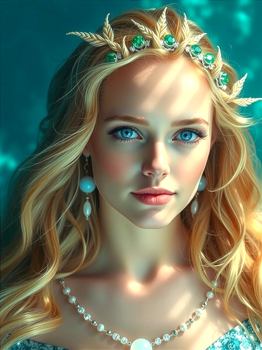 Portrait of a woman with blonde hair and crown