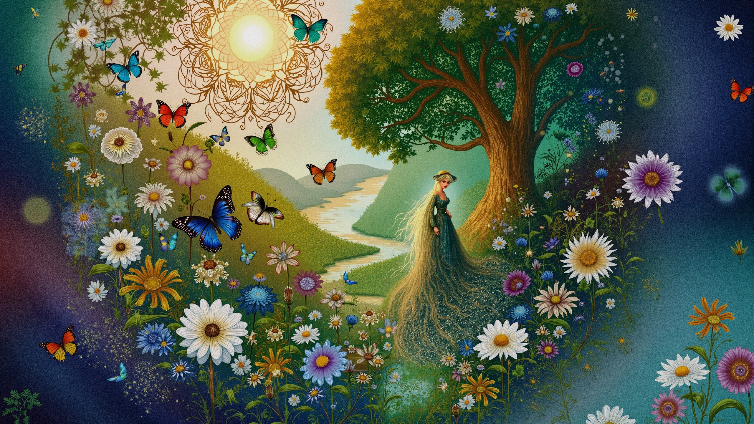 Vibrant Landscape with Flowers, Butterflies, and River