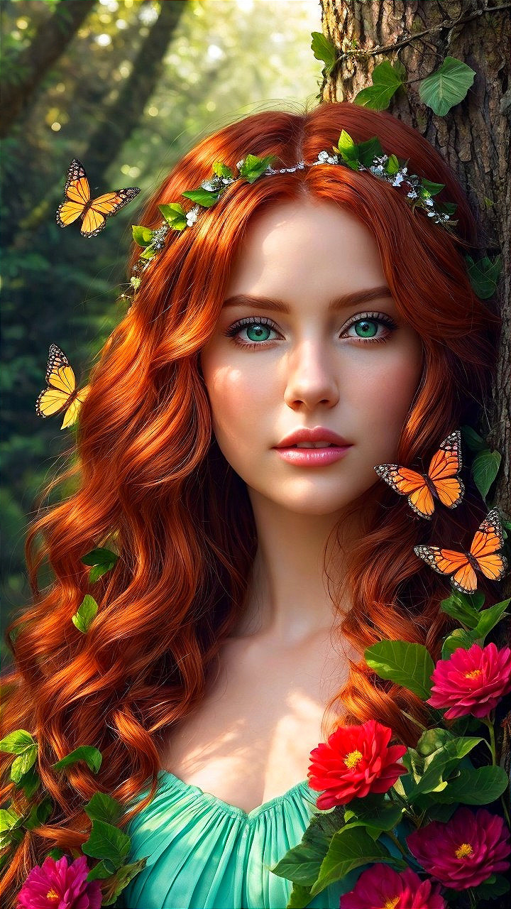 Young woman with red hair in nature with butterflies