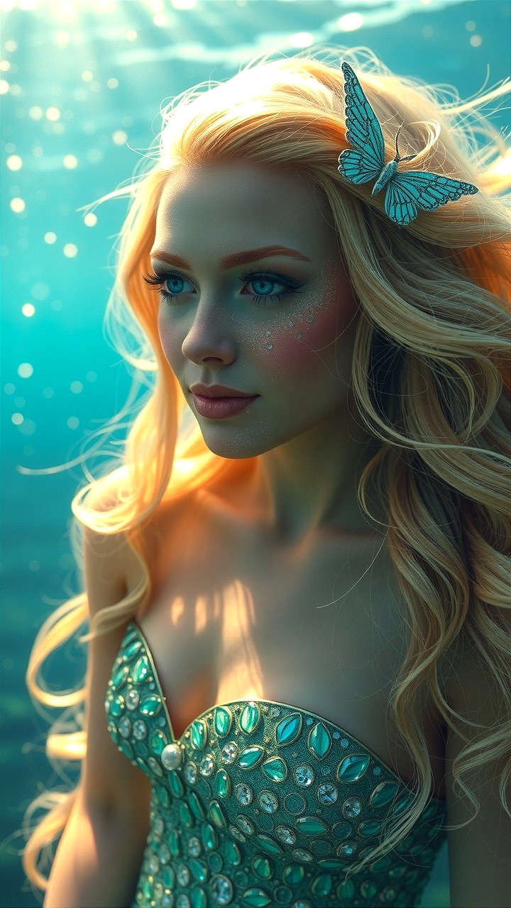 Underwater Scene with Young Woman in Seashell Dress