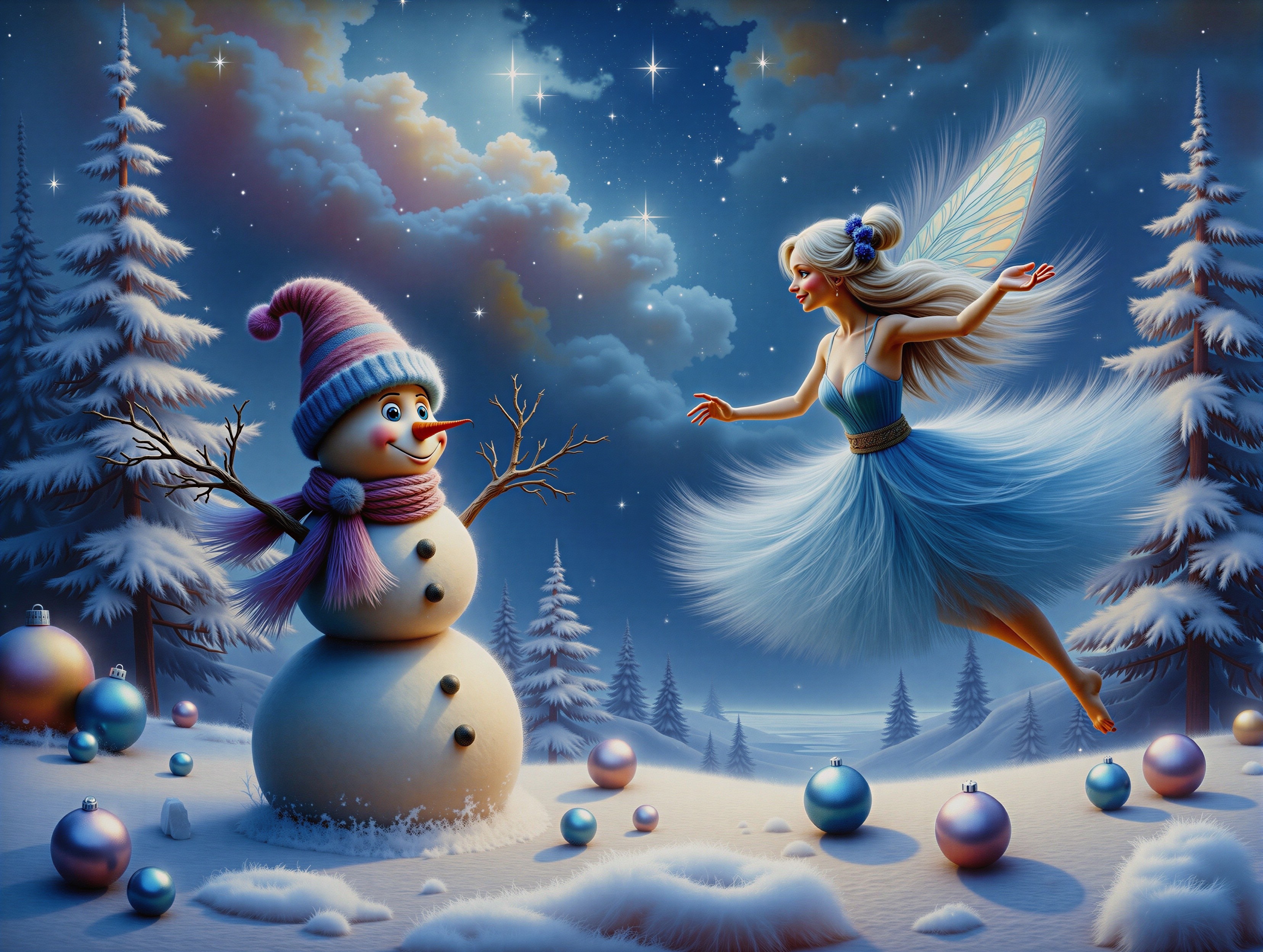 Whimsical Fairy and Snowman in Winter Landscape