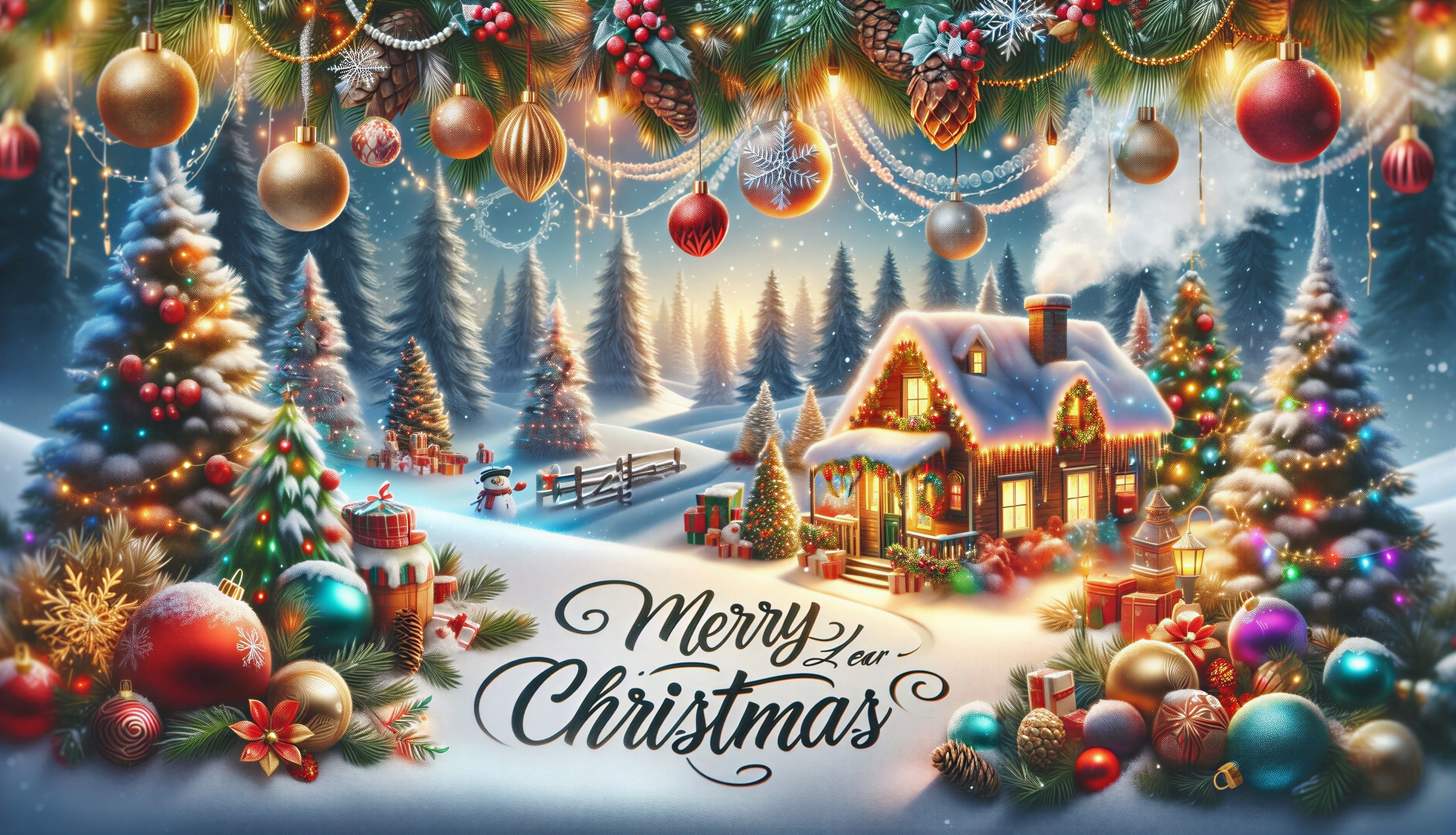 Cozy Snow-Covered Cabin in Winter Wonderland Scene