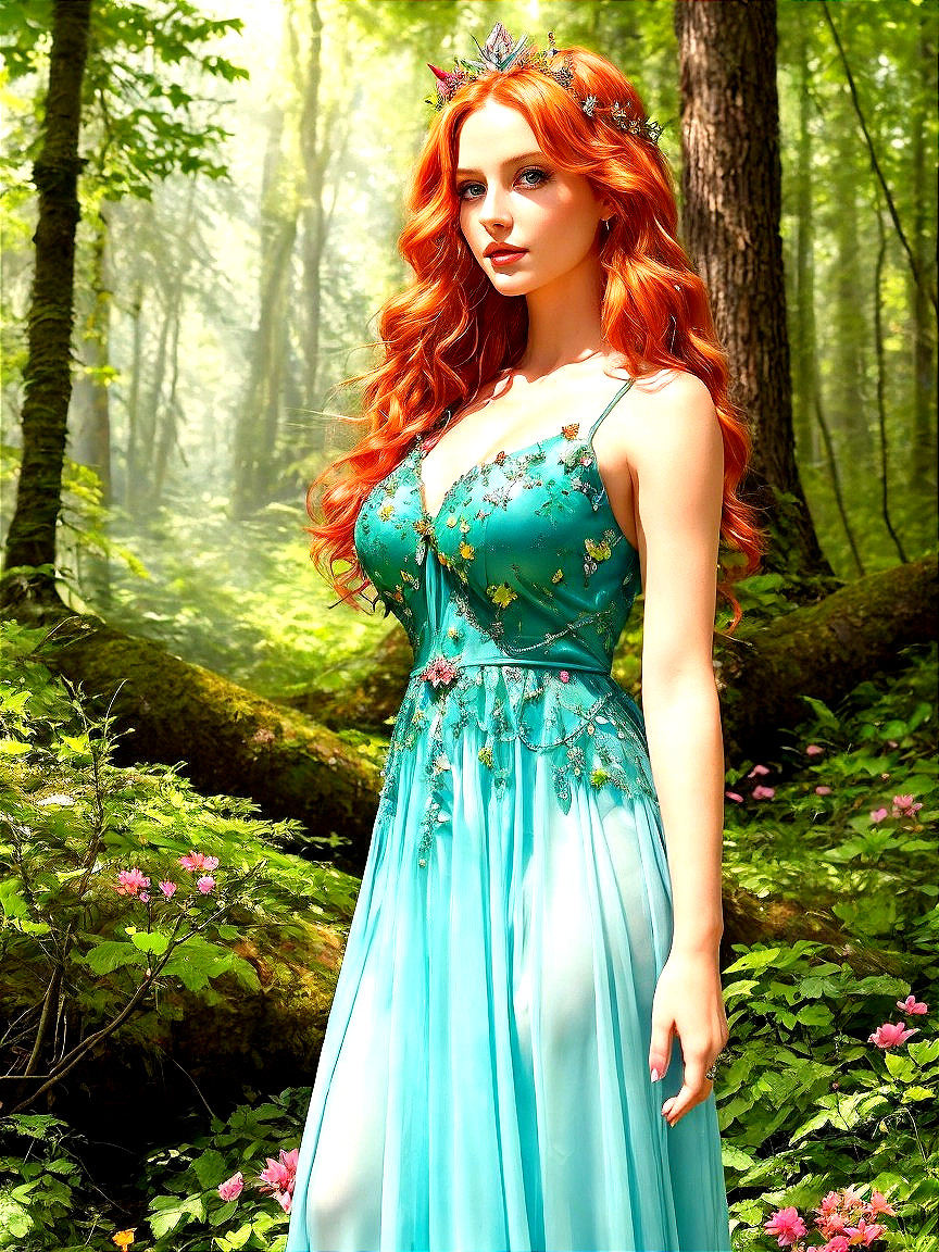 Young woman in aqua gown in a lush forest setting