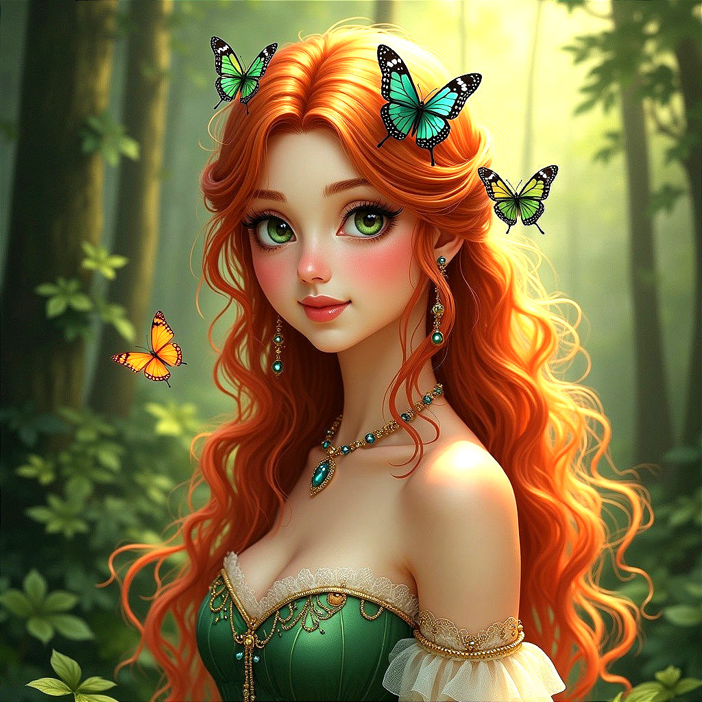 Young Woman in Green Dress Surrounded by Butterflies
