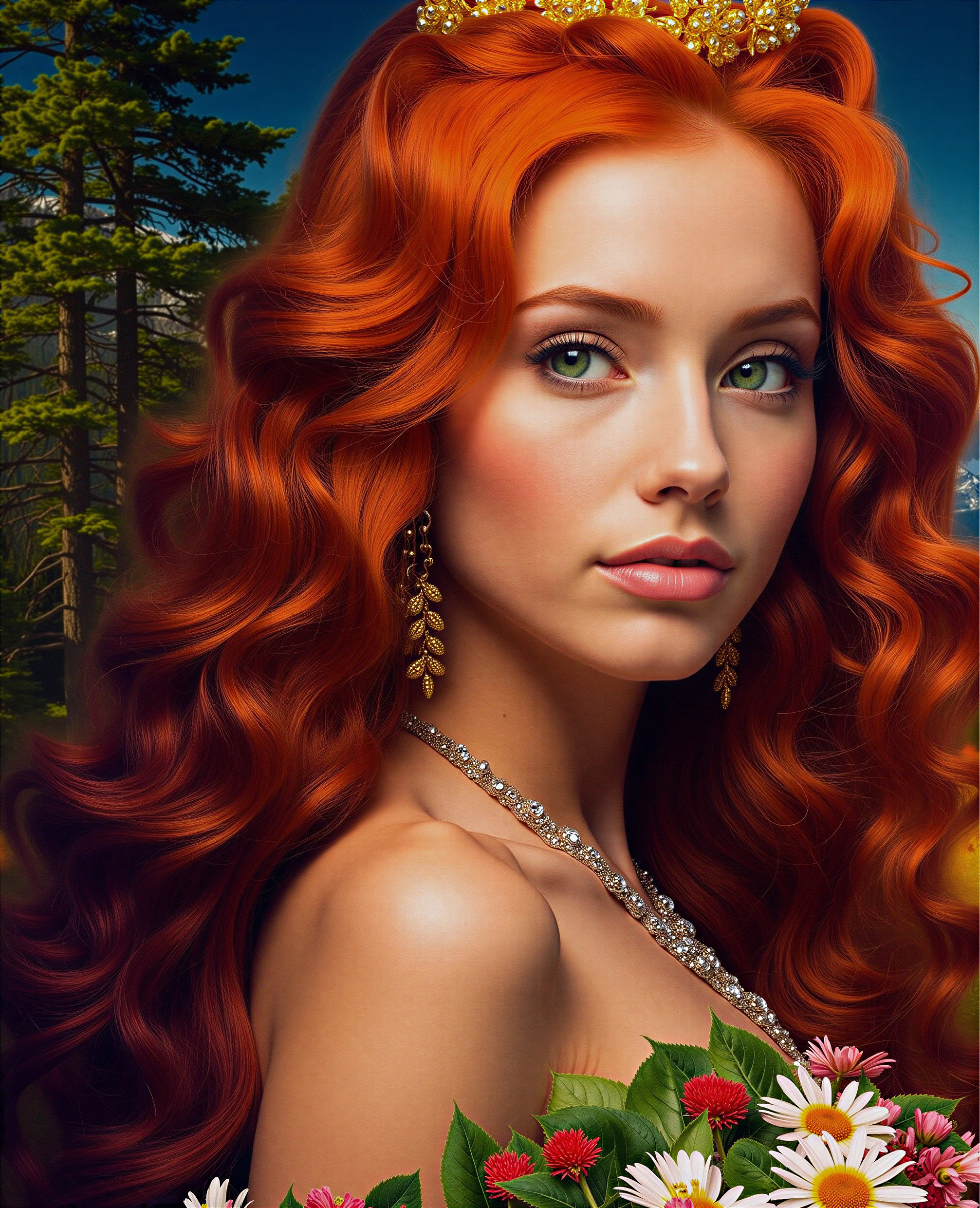 Young woman with red hair and golden crown in nature