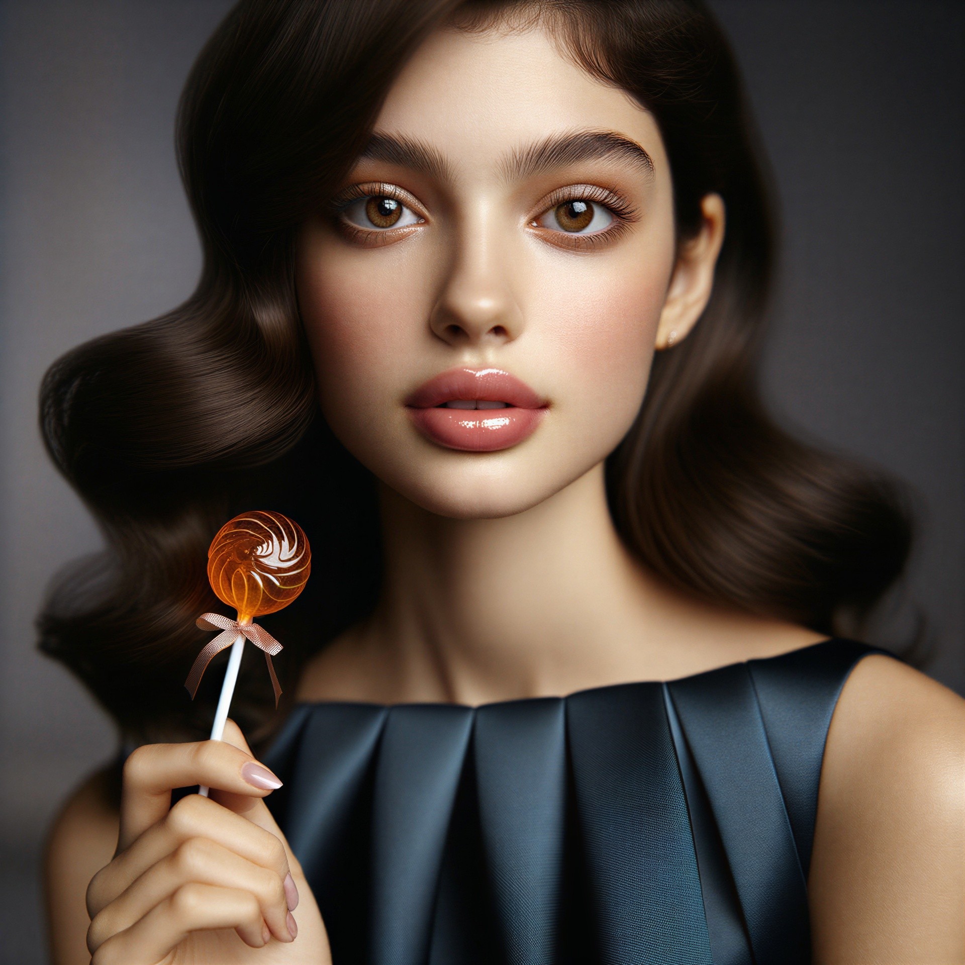 Young woman with wavy hair and orange lollipop