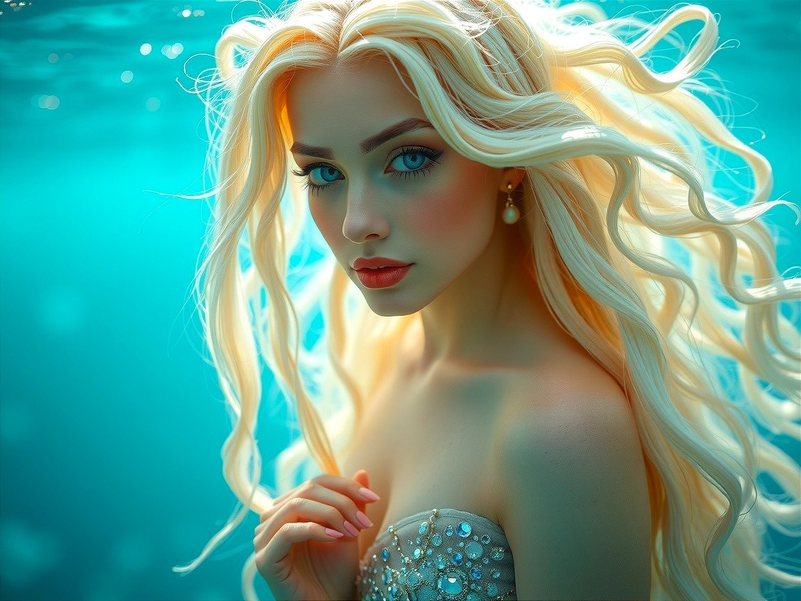Underwater Scene with Young Woman in Shimmering Dress