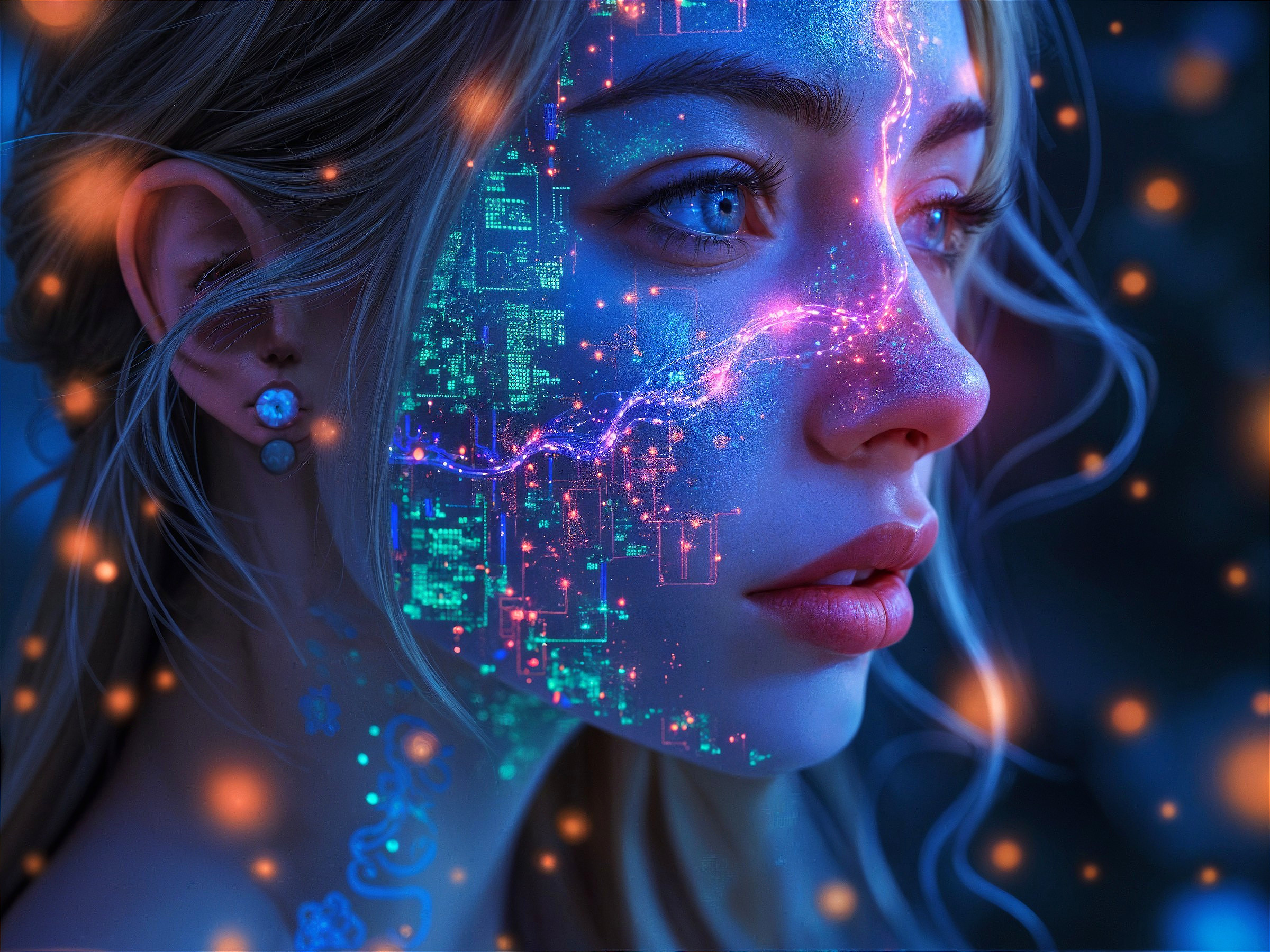 Close-up portrait of a woman with blue eyes and circuitry