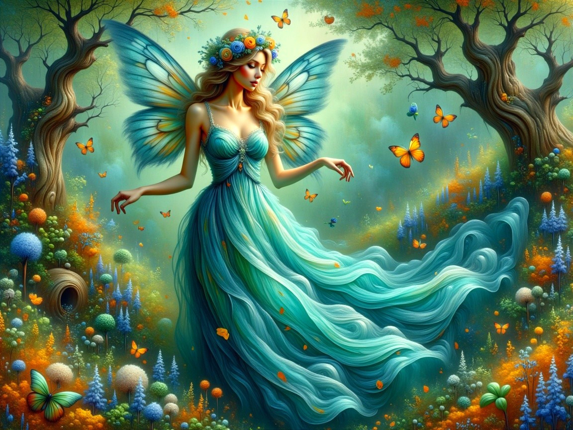 Fairy in Enchanted Forest with Iridescent Wings