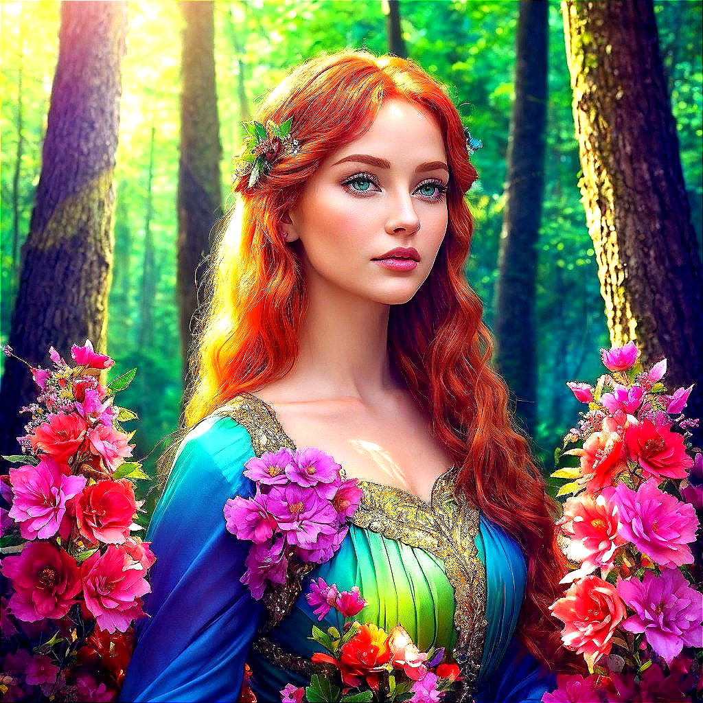 Young Woman in Floral Gown in Vibrant Forest Setting