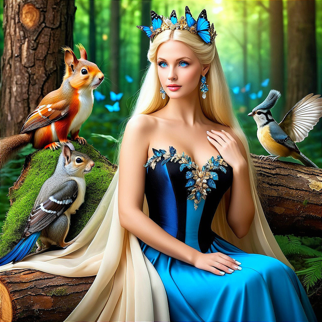 Woman in Blue Gown Surrounded by Nature's Beauty