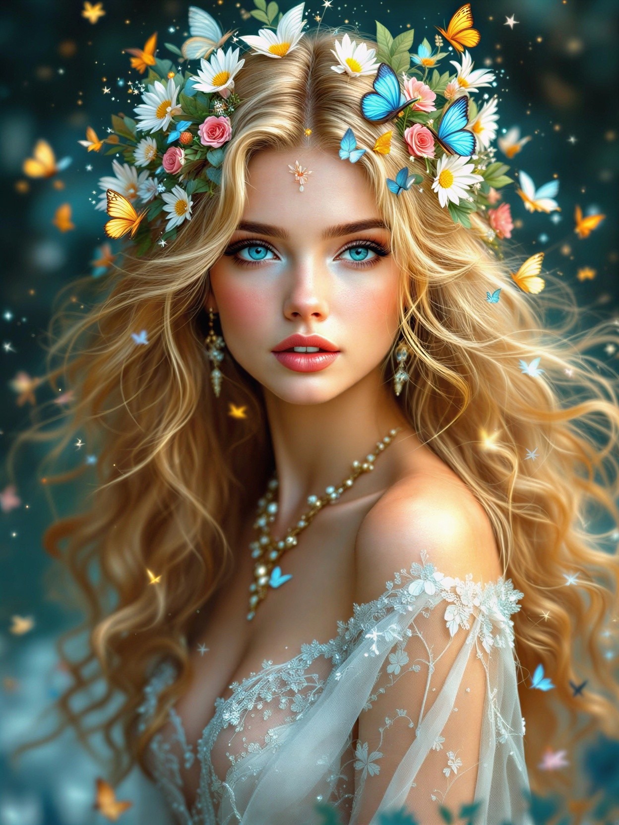 Young Woman in Floral Crown with Ethereal Gown