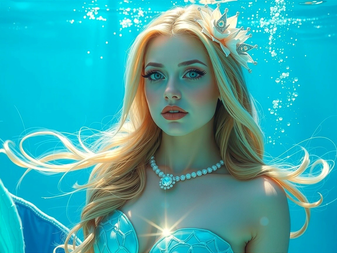Underwater Scene with Young Woman in Elegant Attire