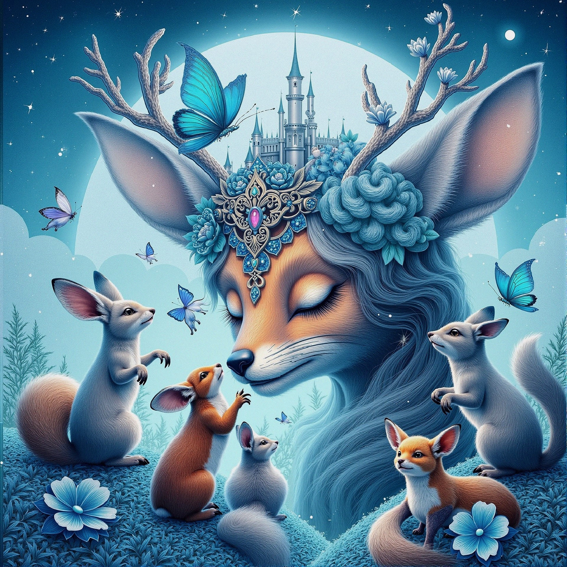 Majestic fox with antlers in a whimsical forest scene