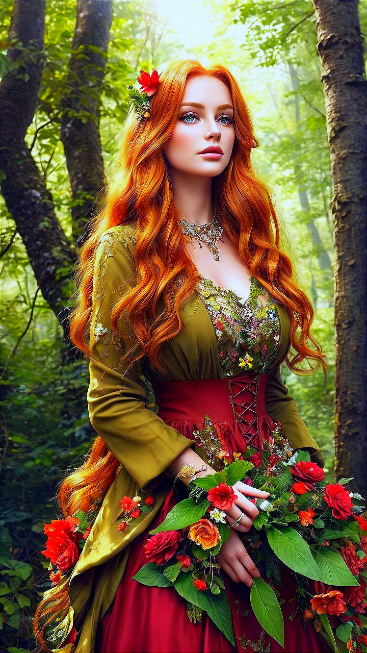 Woman in Green and Red Gown in Forest Setting