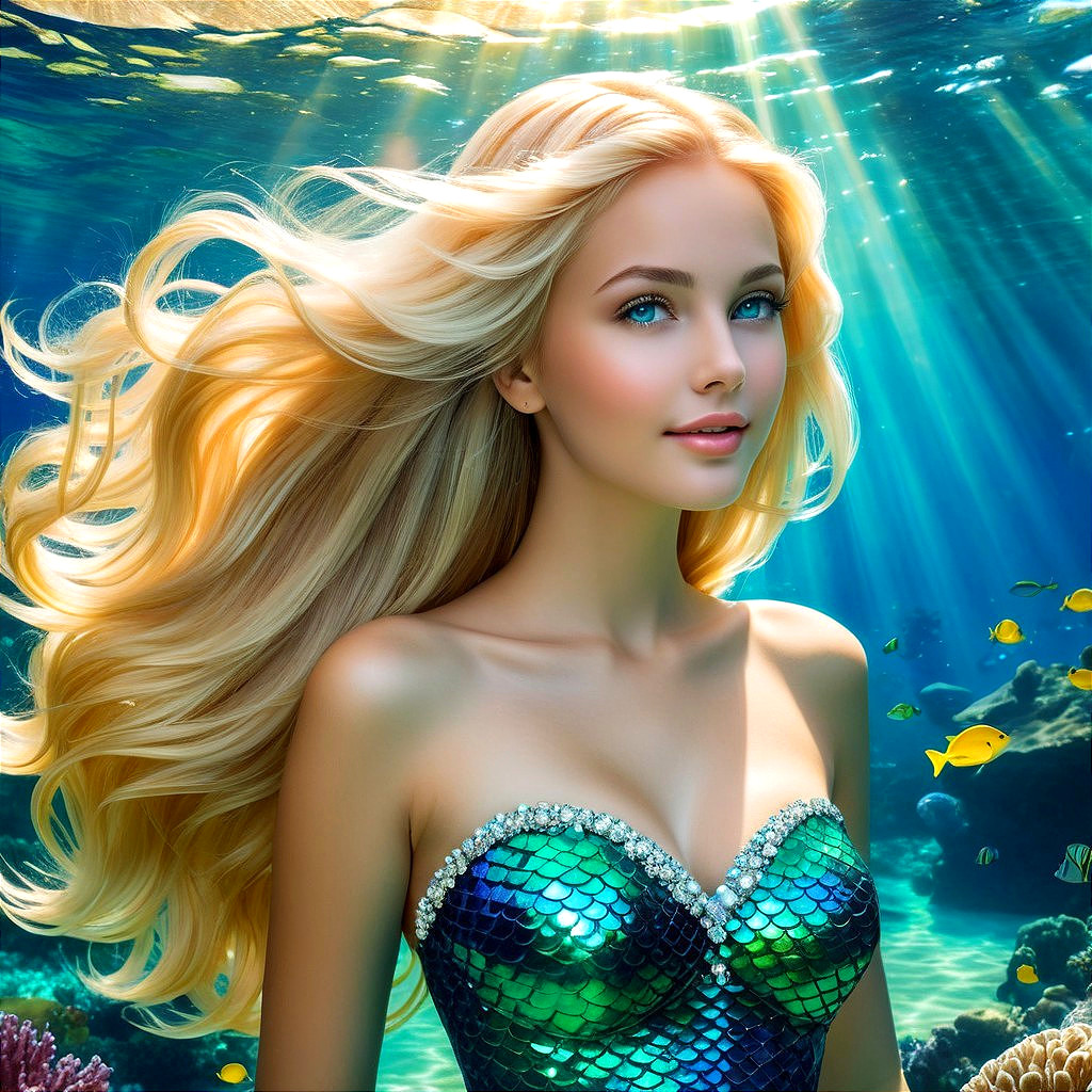 Underwater Scene with Mermaid and Colorful Fish