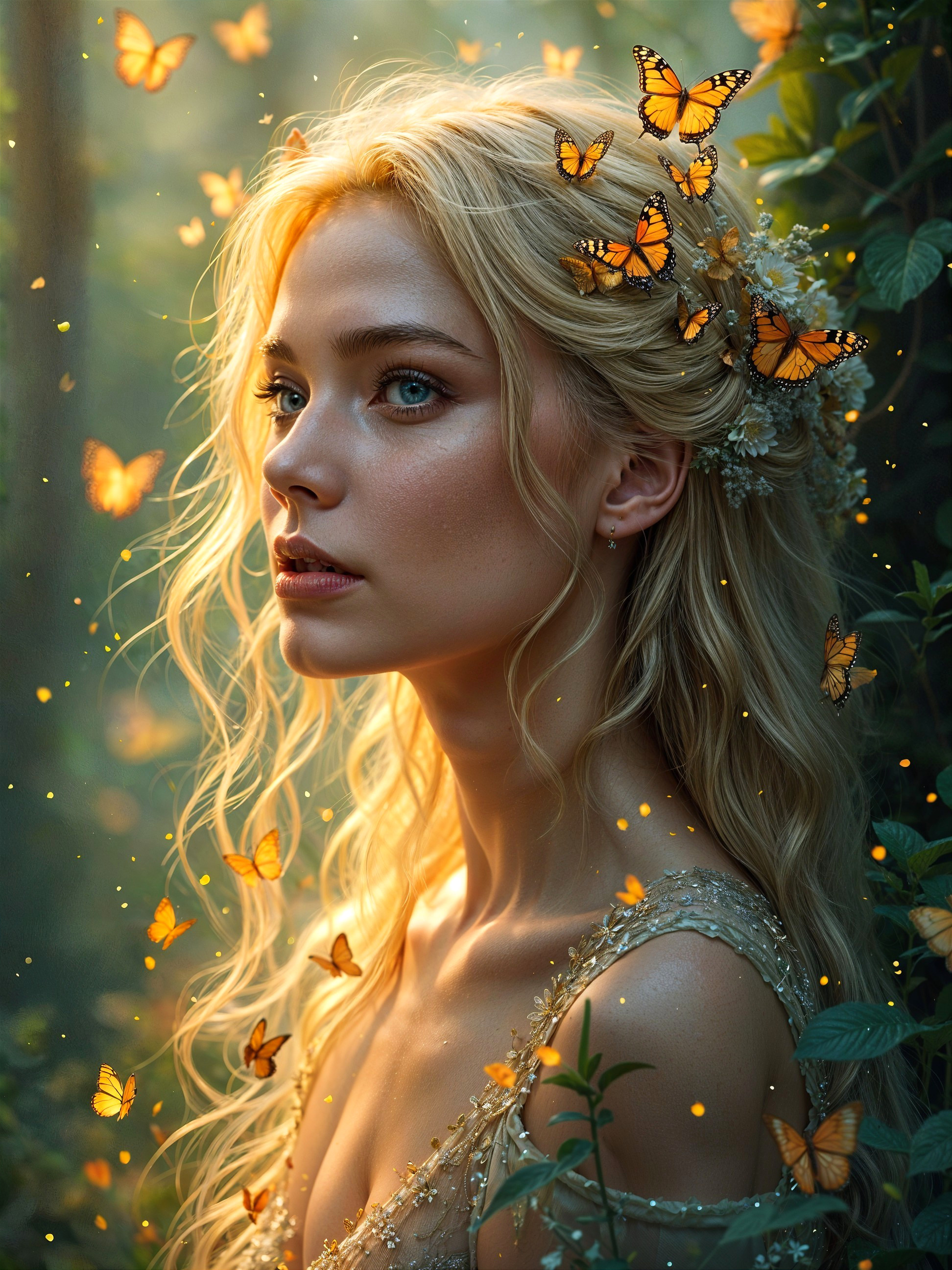 Serene portrait of a young woman with butterflies