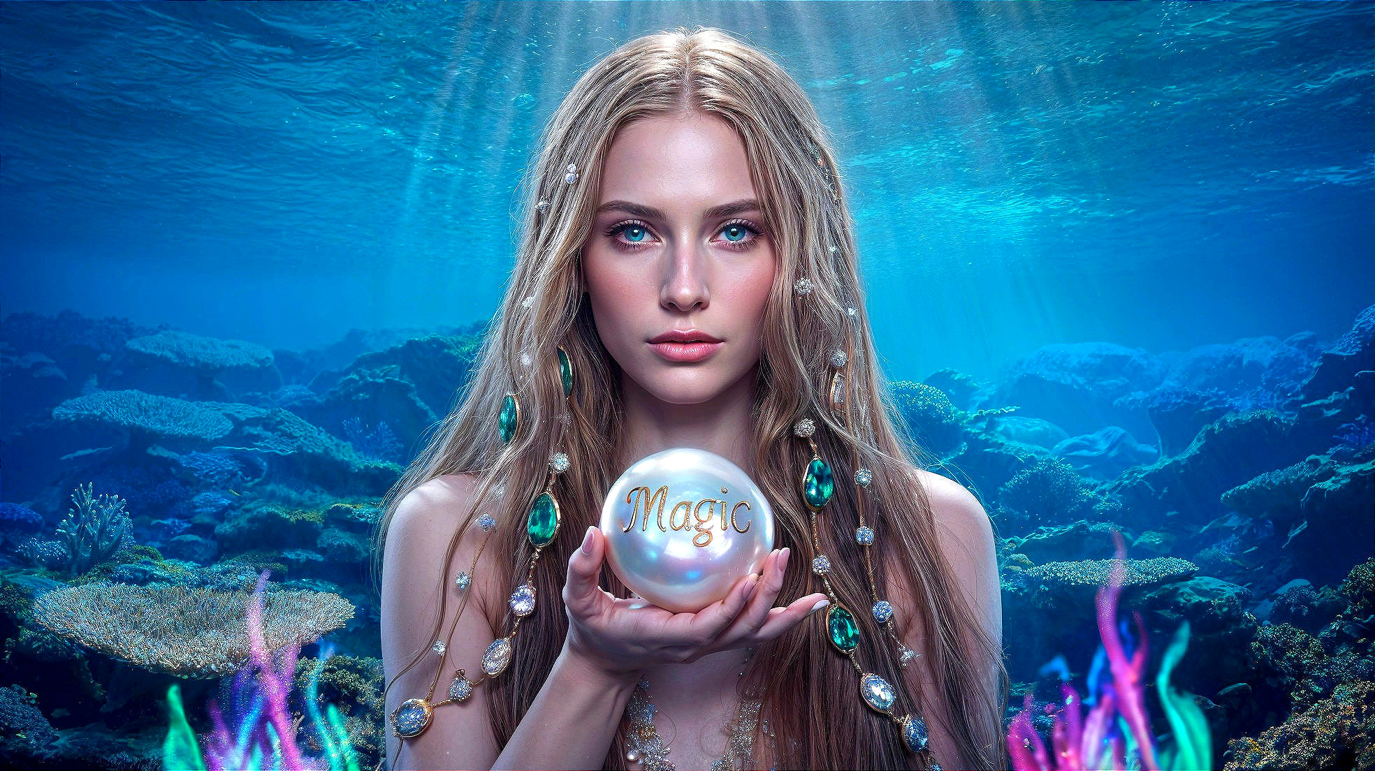 Underwater Scene with Woman and Luminous Pearl