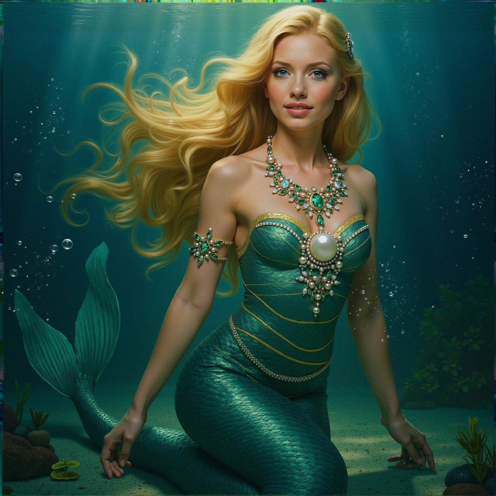Elegant Mermaid with Golden Hair and Green Tail