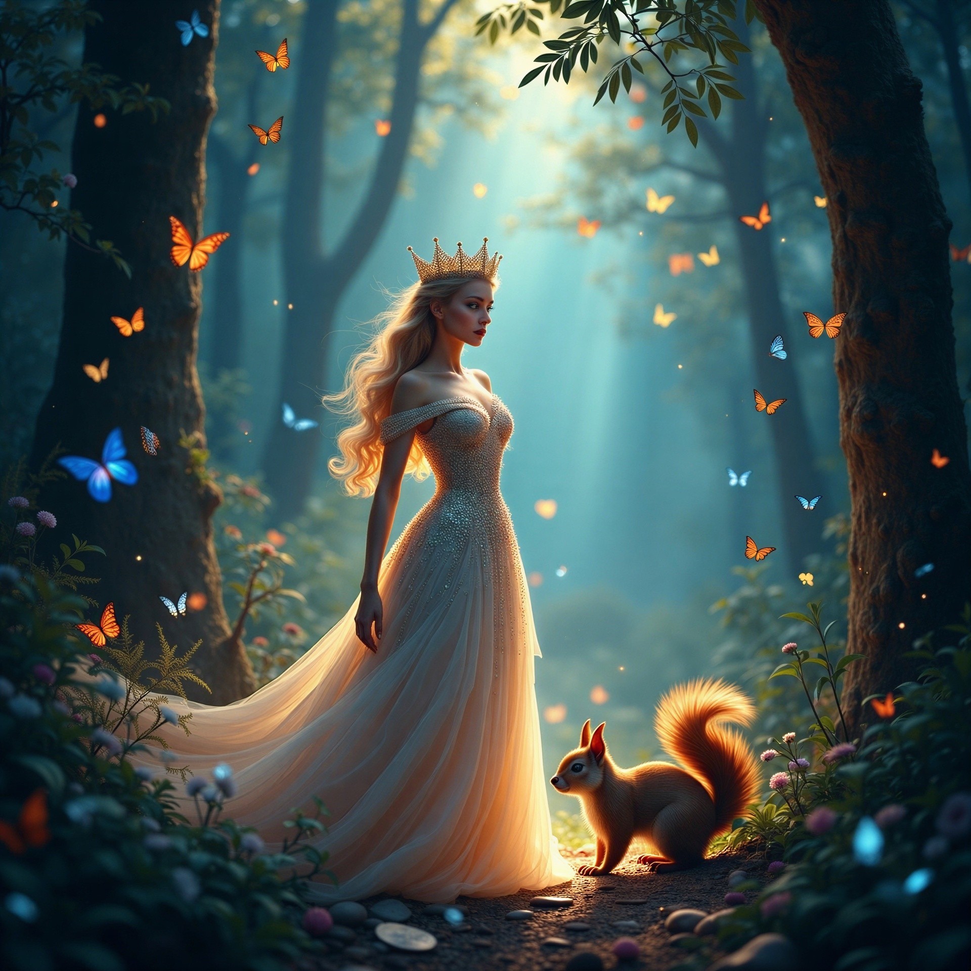 Regal figure in shimmering gown in magical forest