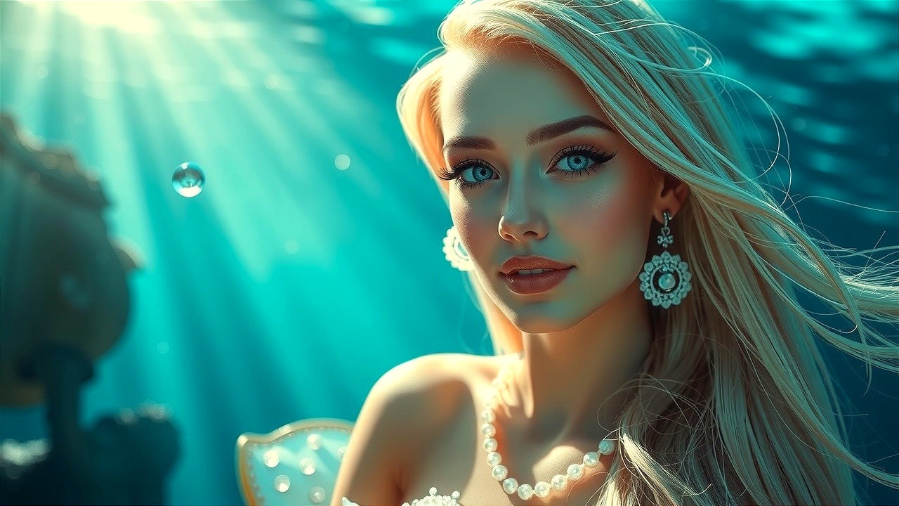 Underwater Scene of a Woman with Pearl Jewelry