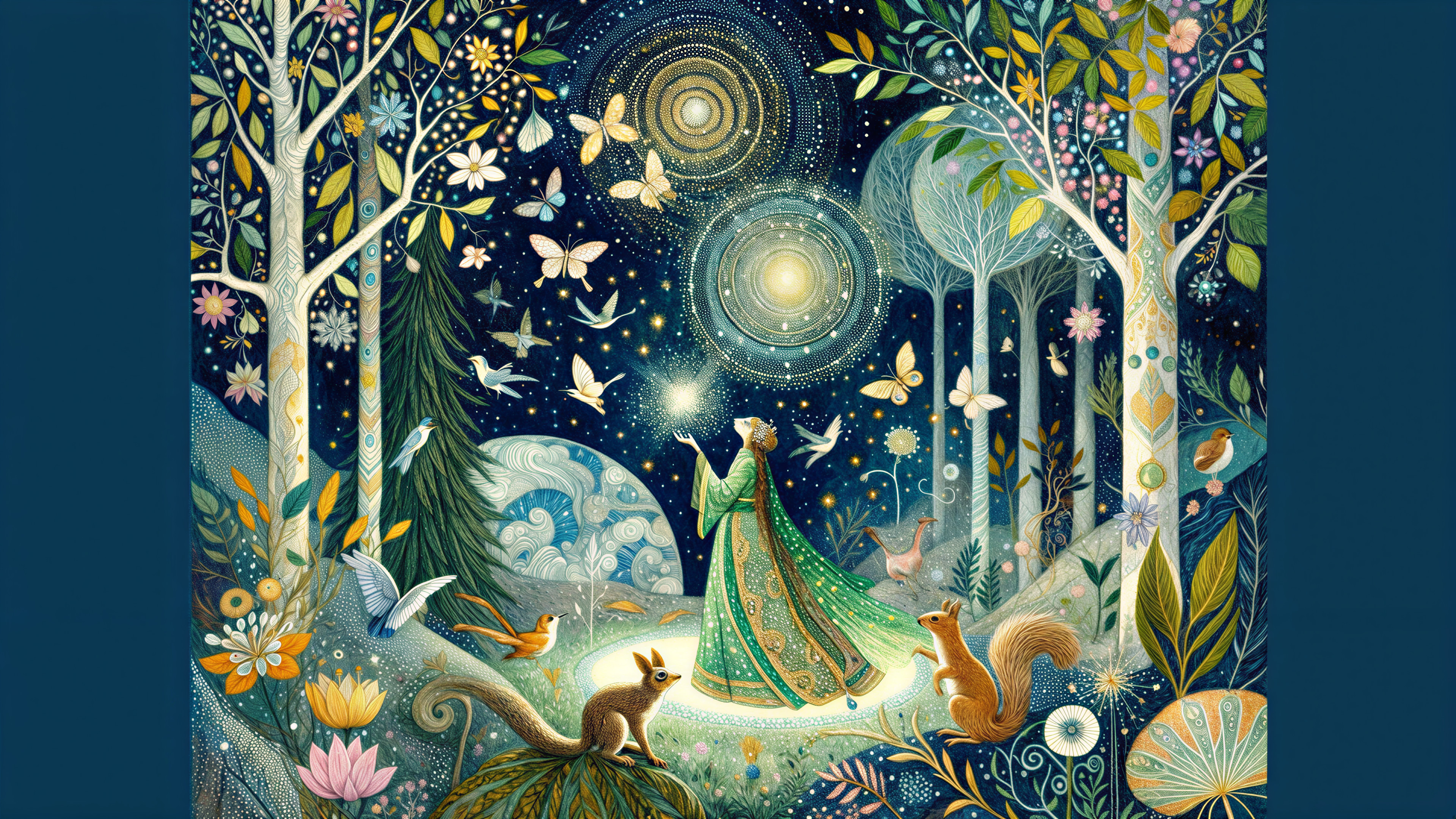 Whimsical Night Scene in a Vibrant Forest Setting