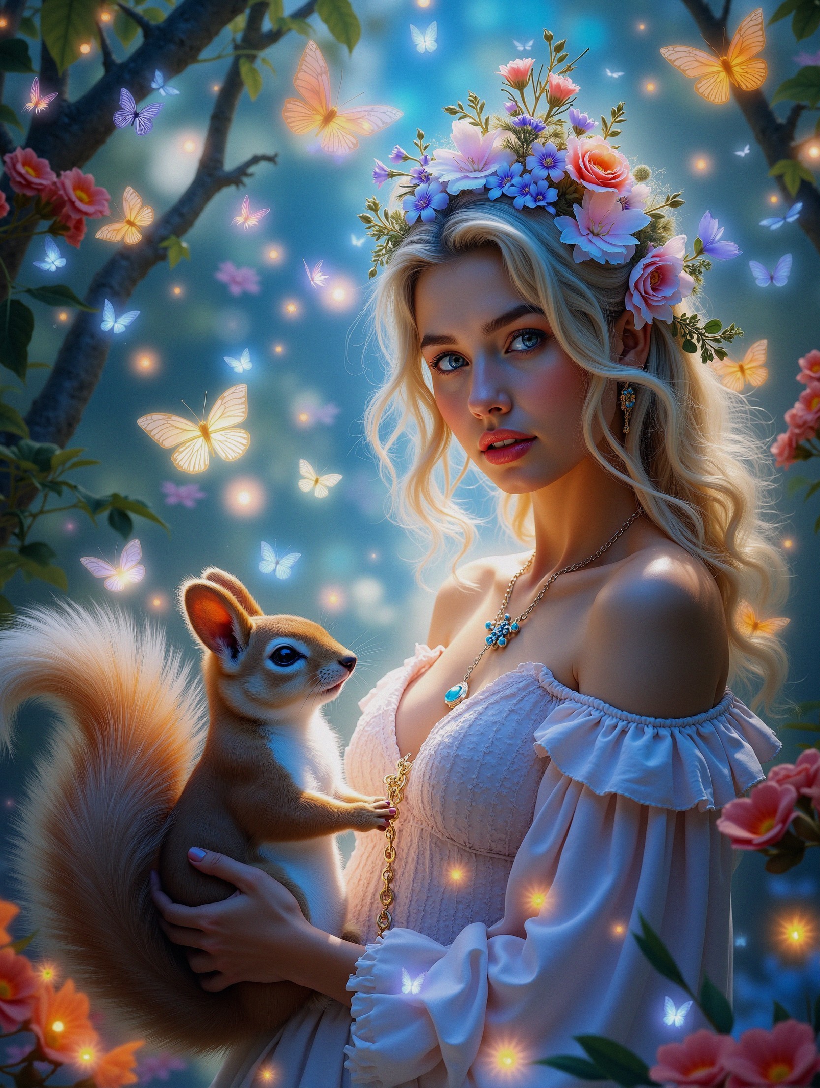 Whimsical Forest Scene with Young Woman and Squirrel