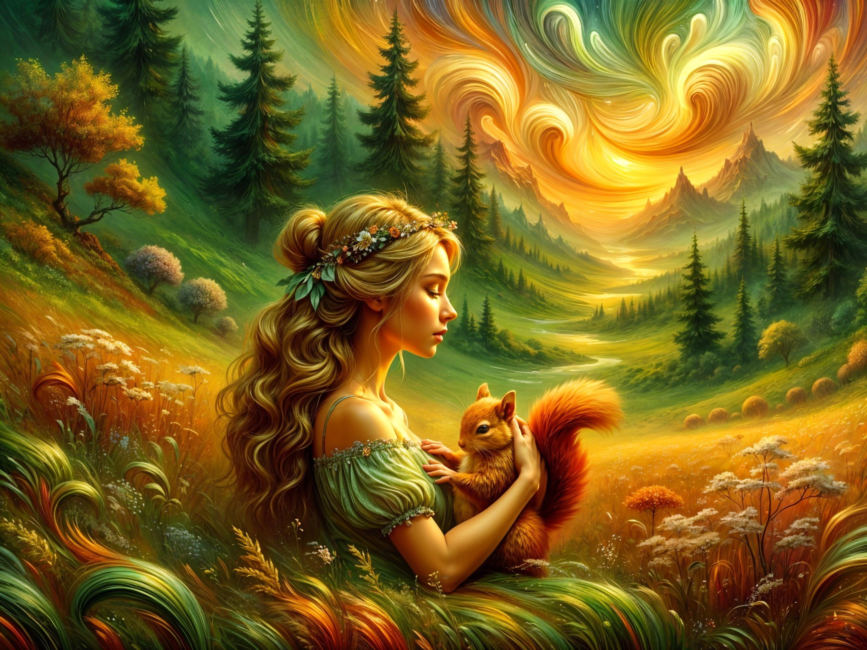 Young woman with squirrel in a vibrant natural landscape