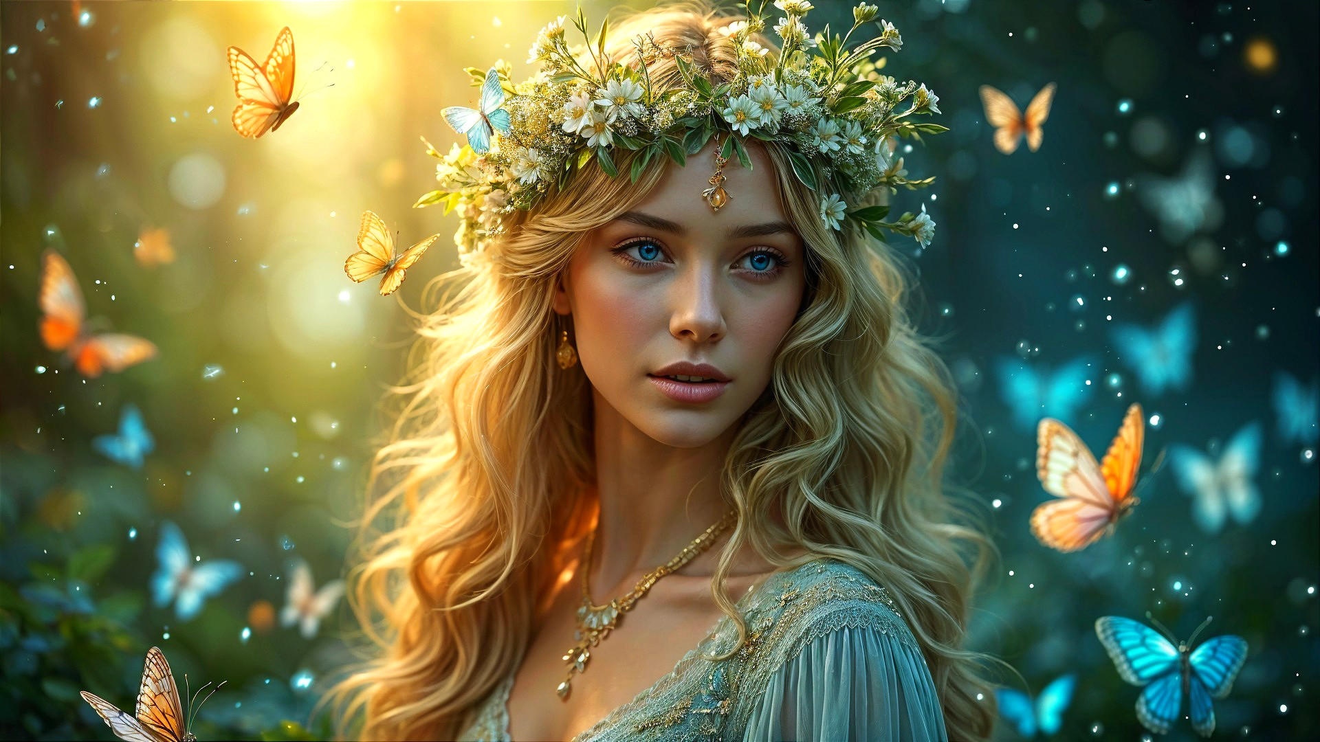 Serene young woman in floral crown with butterflies