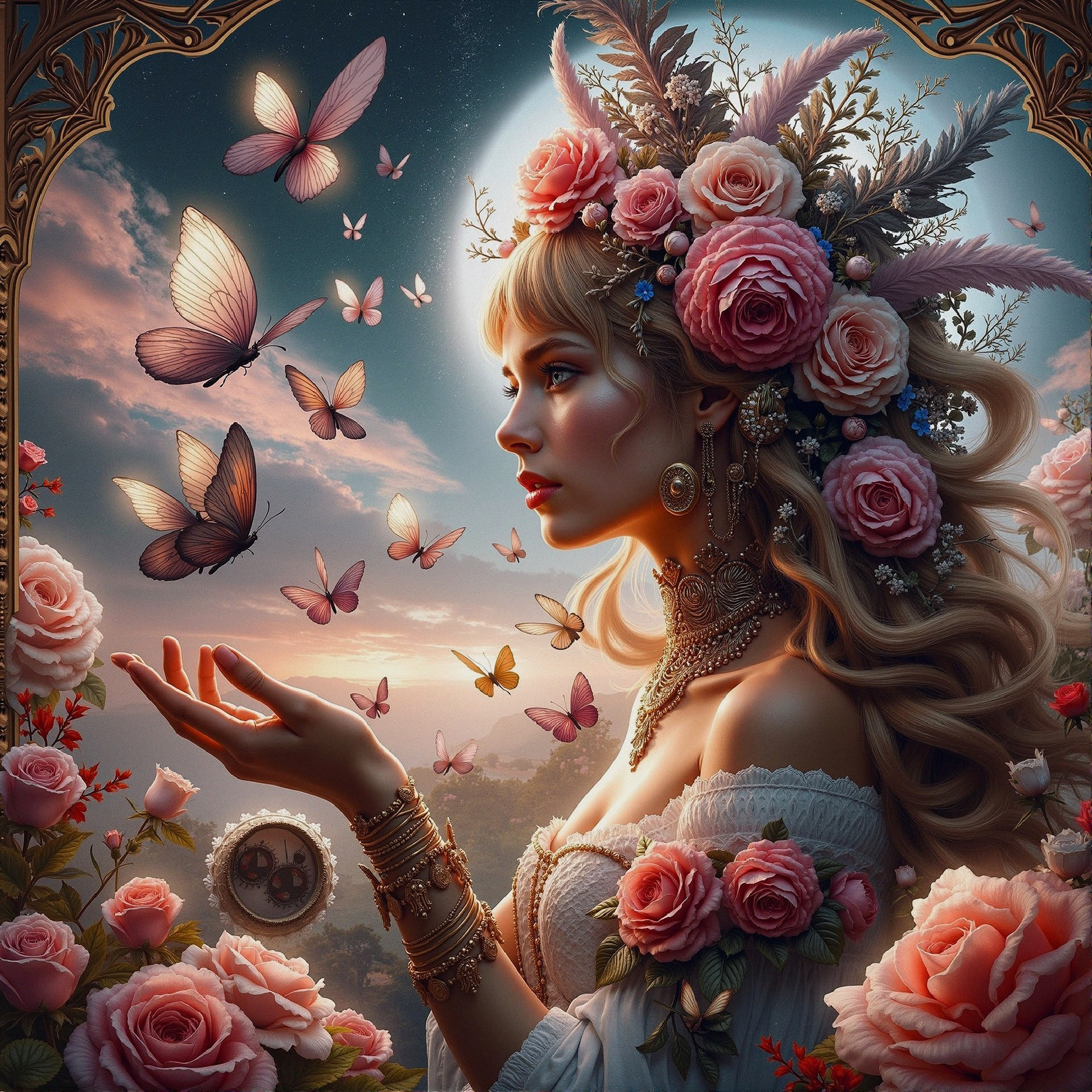 Serene Woman Surrounded by Roses and Butterflies
