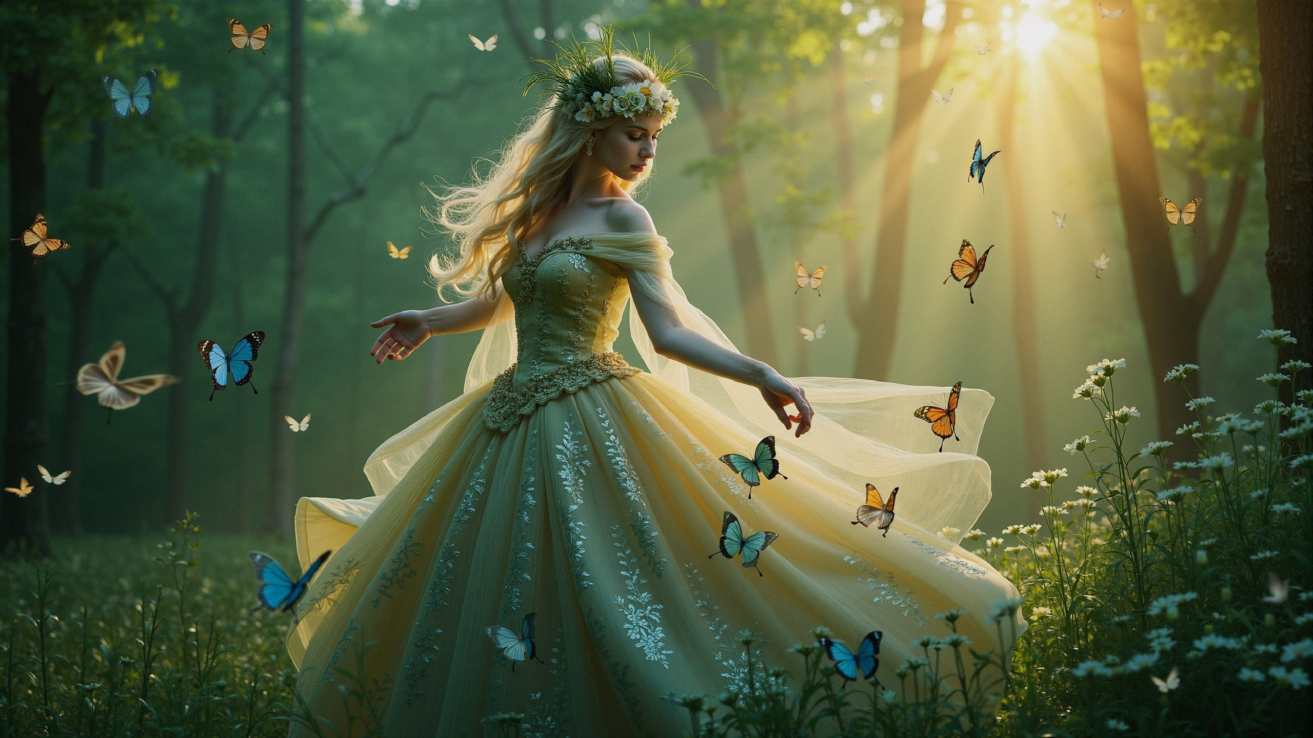 Young Woman in Yellow Gown Twirling in Forest
