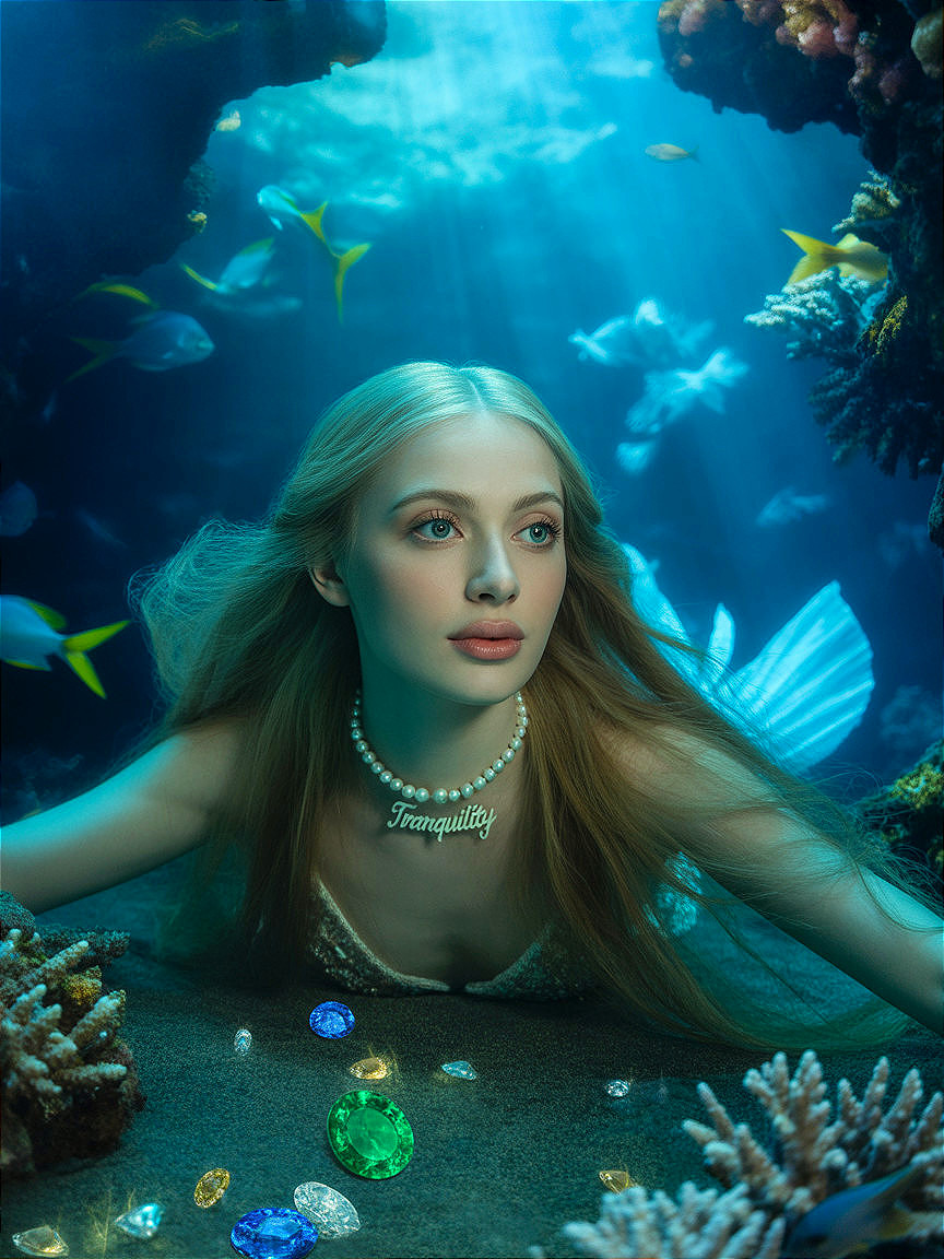 Underwater Scene with Serene Woman and Marine Life