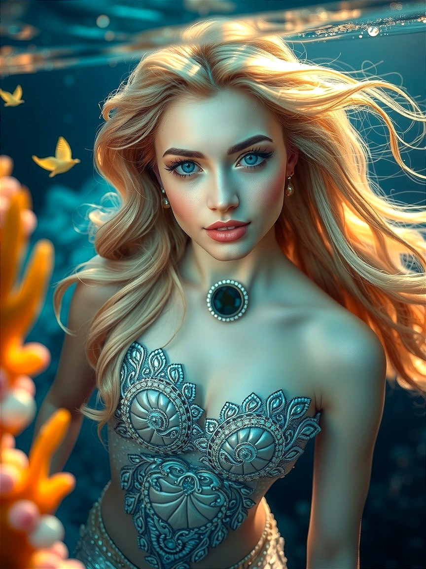 Underwater Scene with Mermaid and Coral Reef Elements