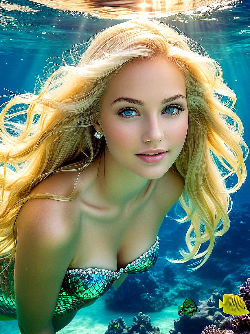 Underwater Scene with Mermaid and Colorful Coral
