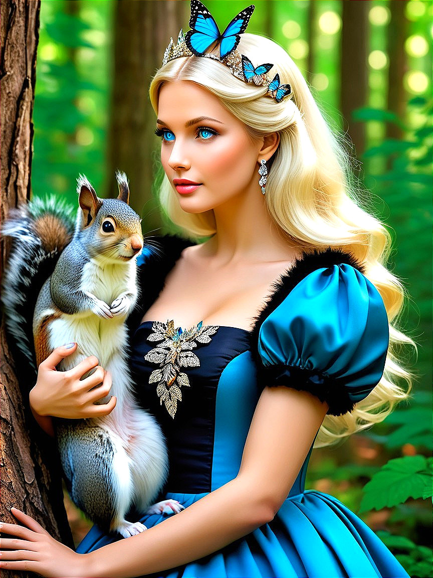Young woman in blue gown with squirrel in forest