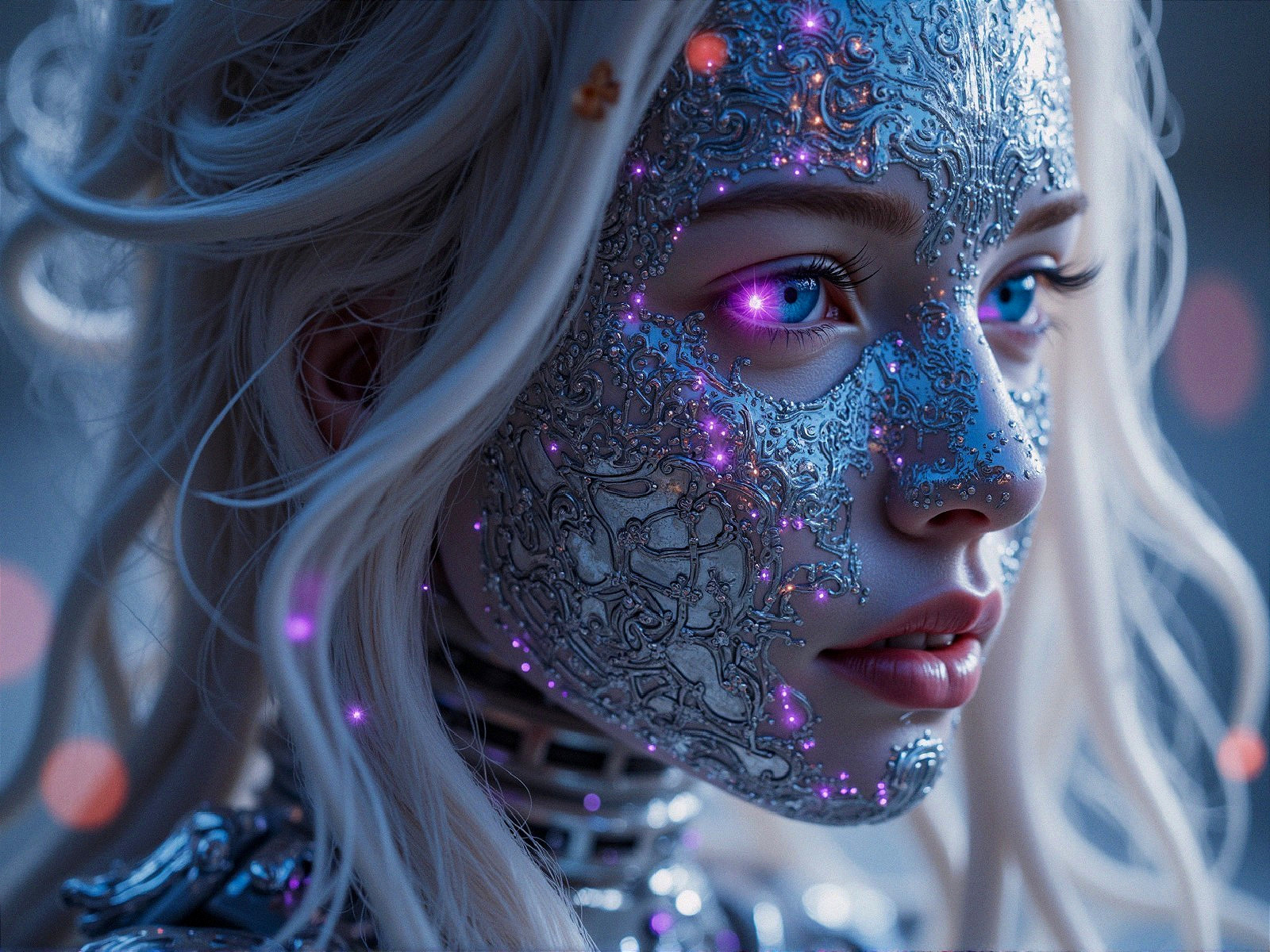 Futuristic figure with metallic face designs and accents