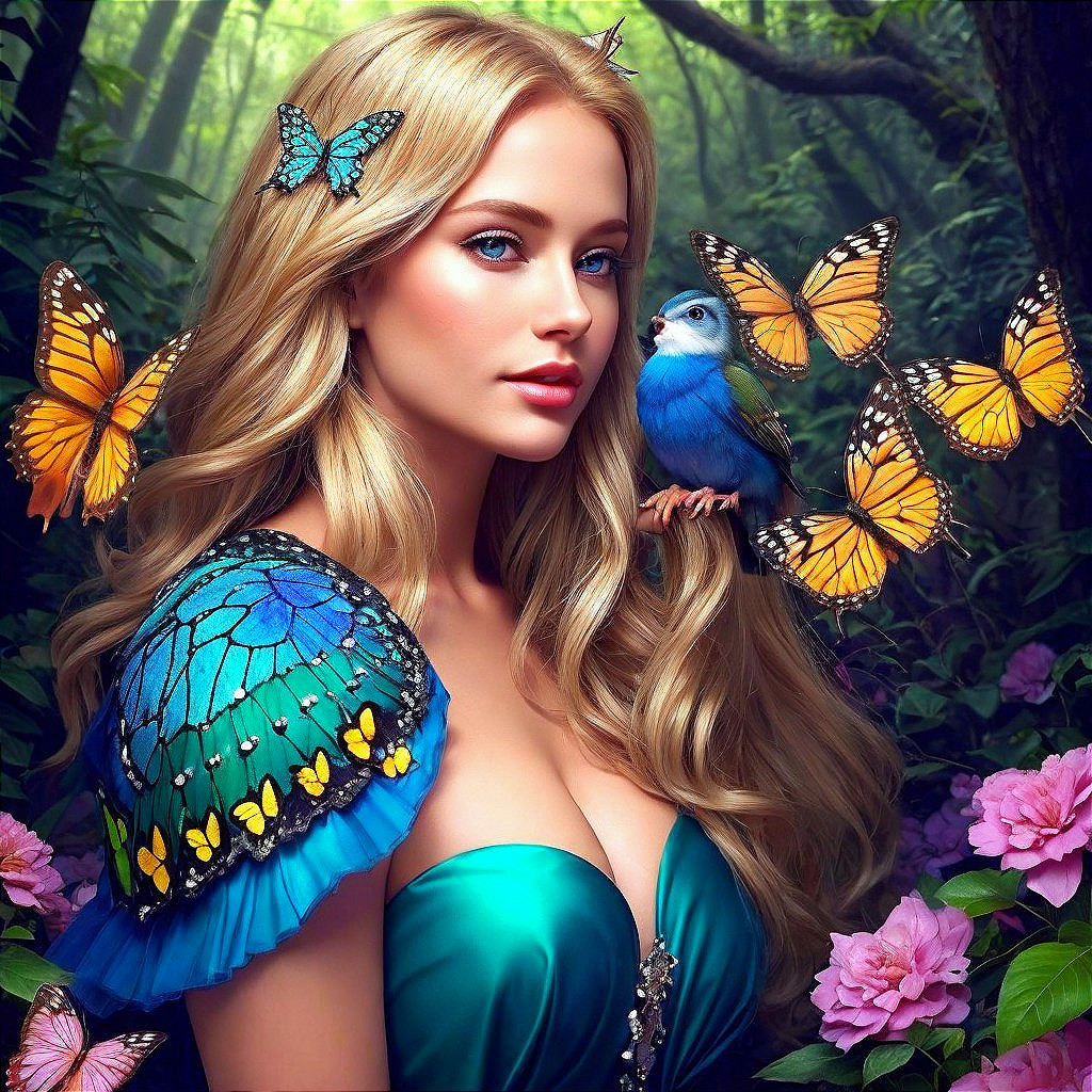 Young woman in teal gown surrounded by butterflies
