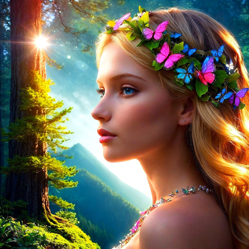 Young Woman in Lush Forest with Floral Crown and Butterflies