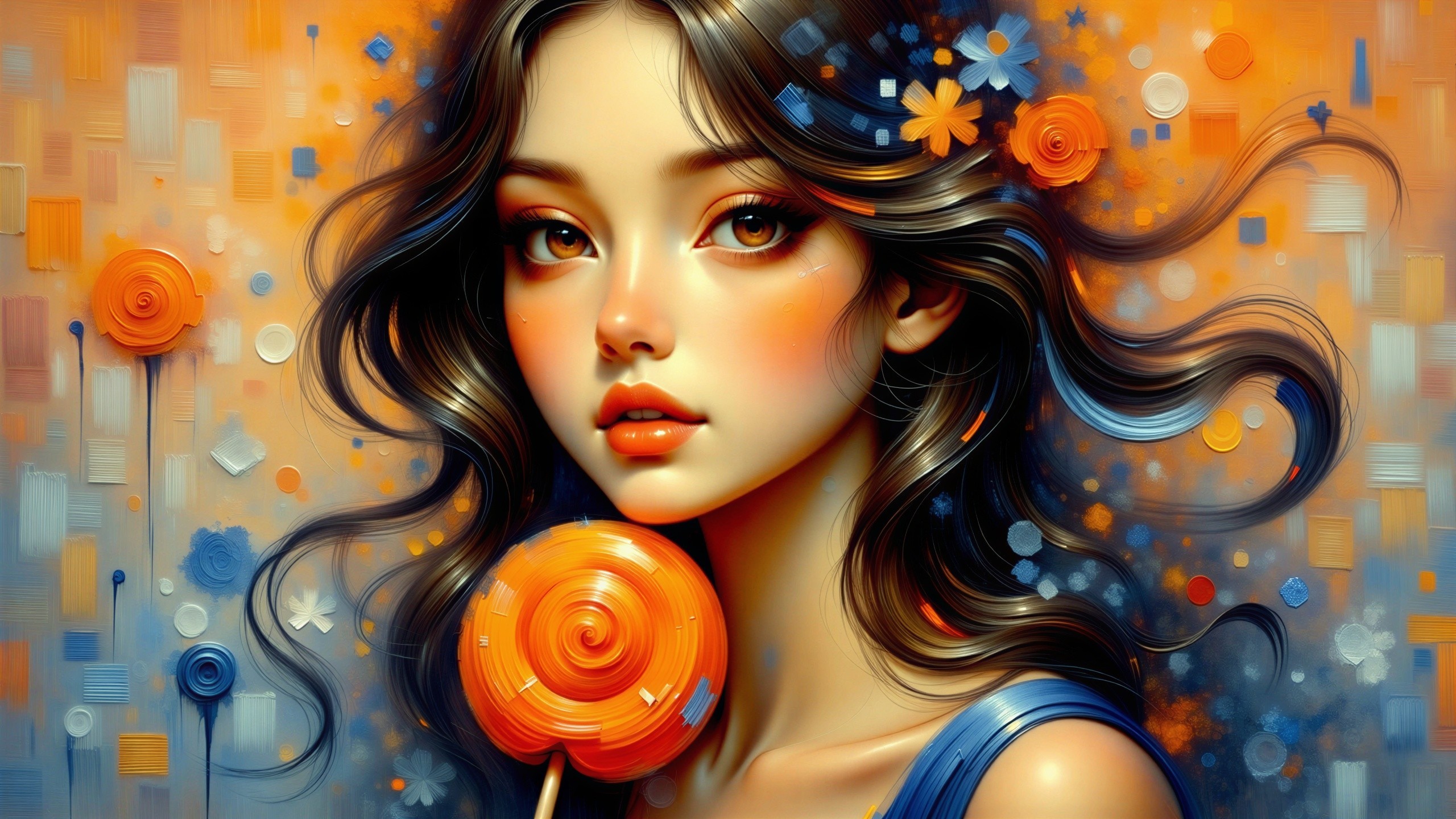 Young woman with flowers and vibrant background patterns