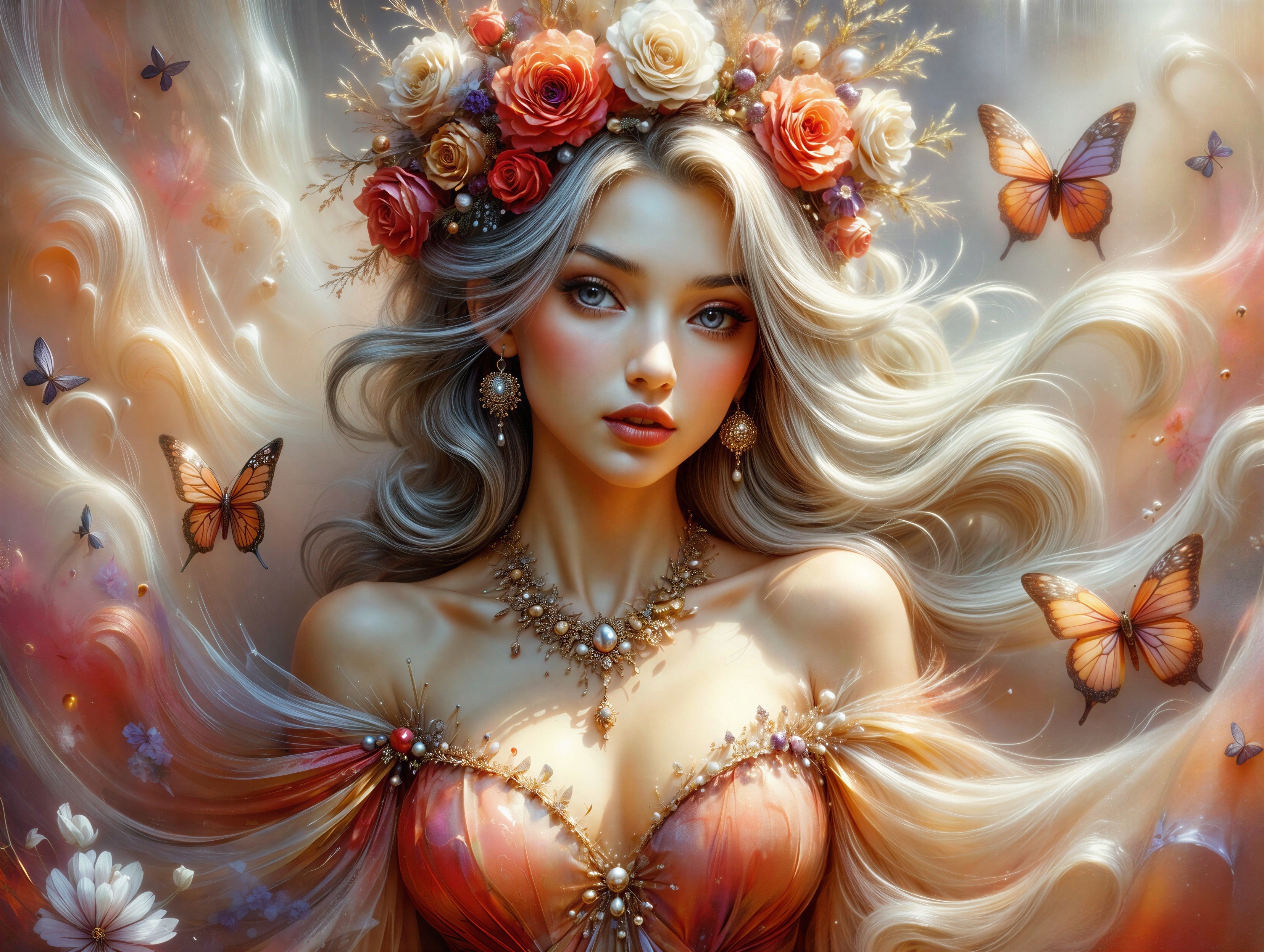 Figure with Rose Crown and Butterflies in Ethereal Scene