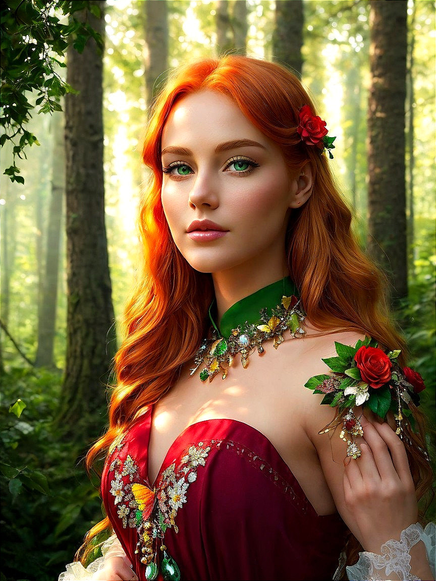 Young Woman in Burgundy Dress in Lush Forest Setting