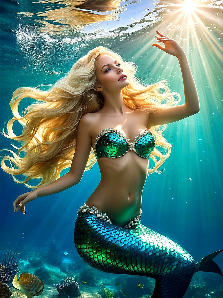 Underwater Scene with Mermaid and Coral Reef