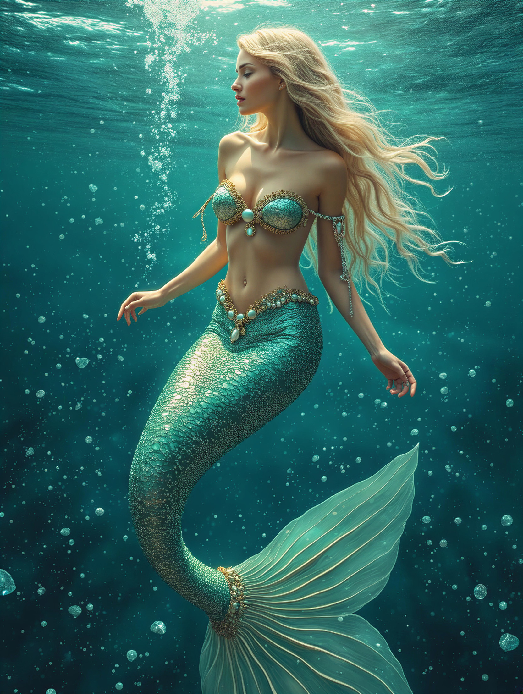 Underwater Scene with a Beautiful Mermaid