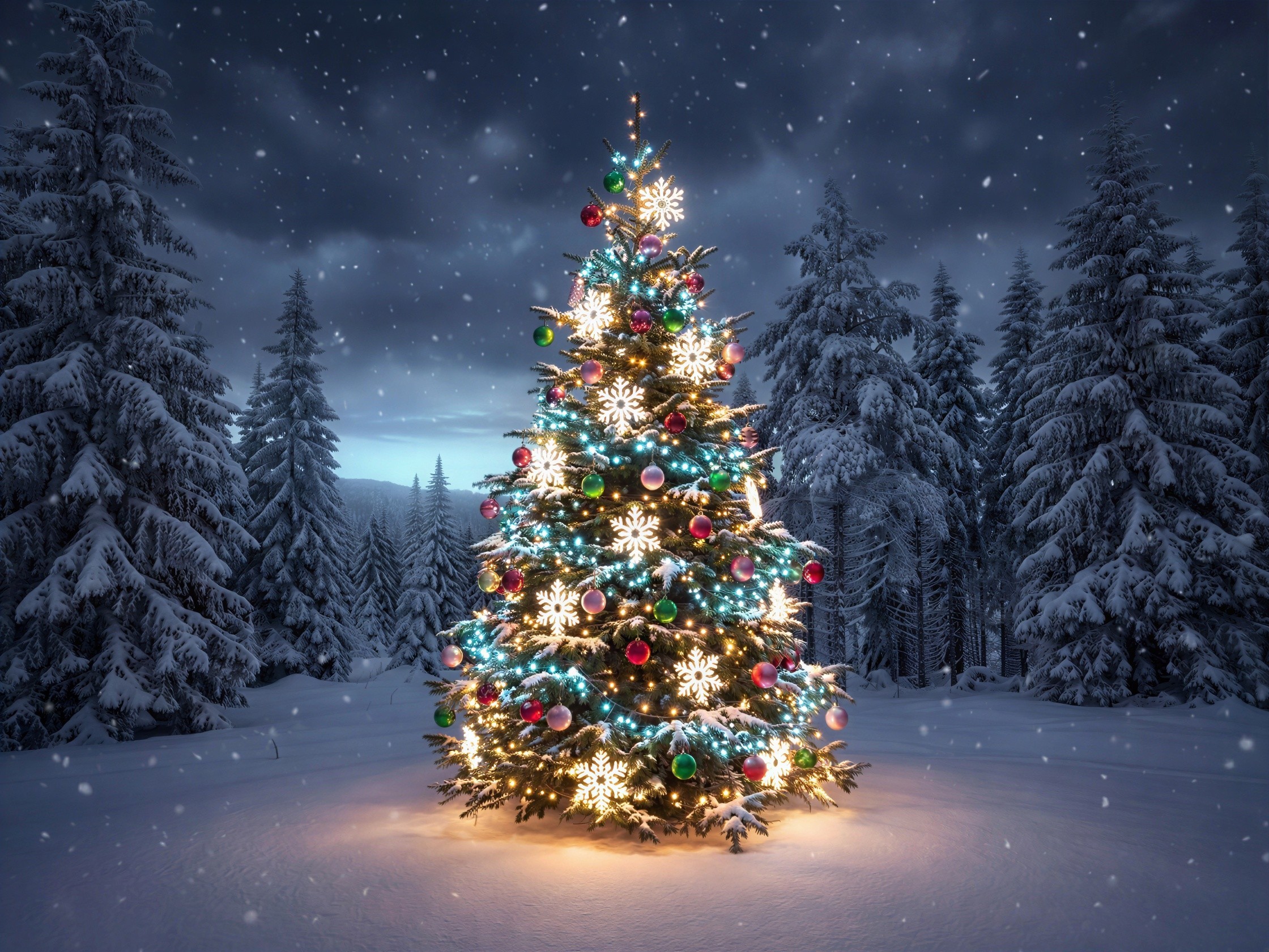 Brightly Lit Christmas Tree in Snowy Forest at Dusk