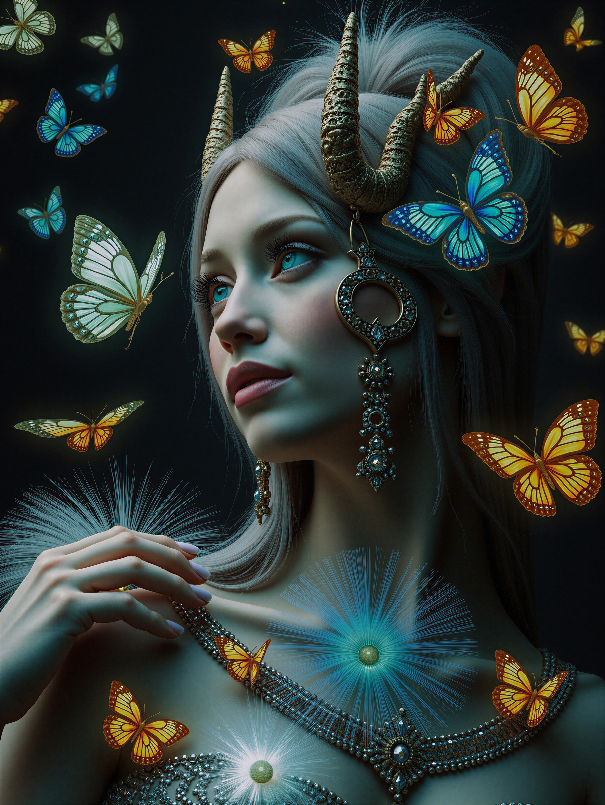 Mystical figure with horns and butterflies in dark setting