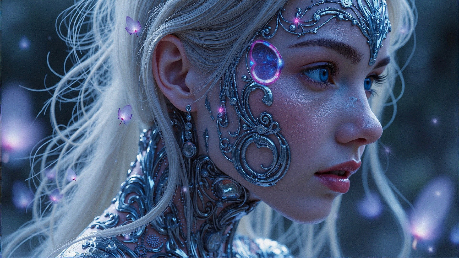 Young Woman with Blue Eyes and Silver Jewelry
