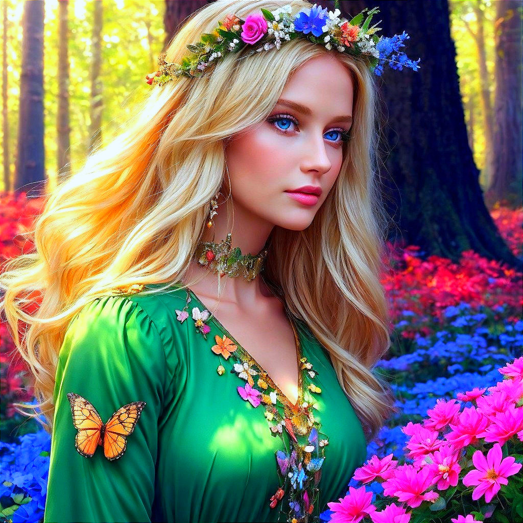 Young woman in green dress in a vibrant forest